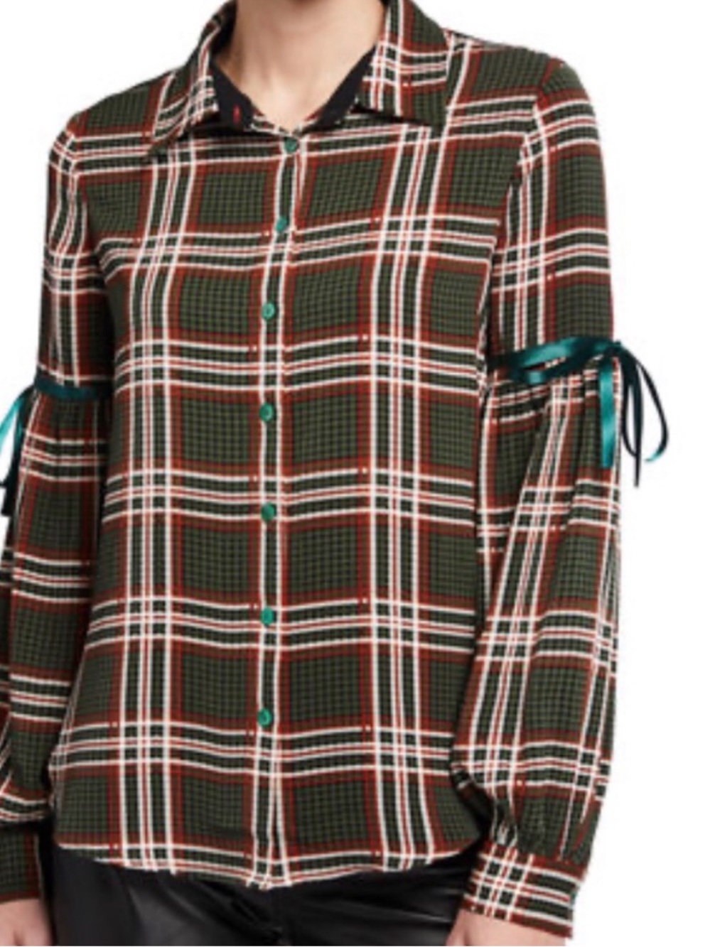 Patrizia Luca Plaid High-Low Button-Up Blouse – Green – Size M/L